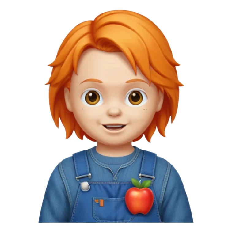 Chucky doll emoji with orange hair, blue overalls, mischievous grin, apple style emoji sticker