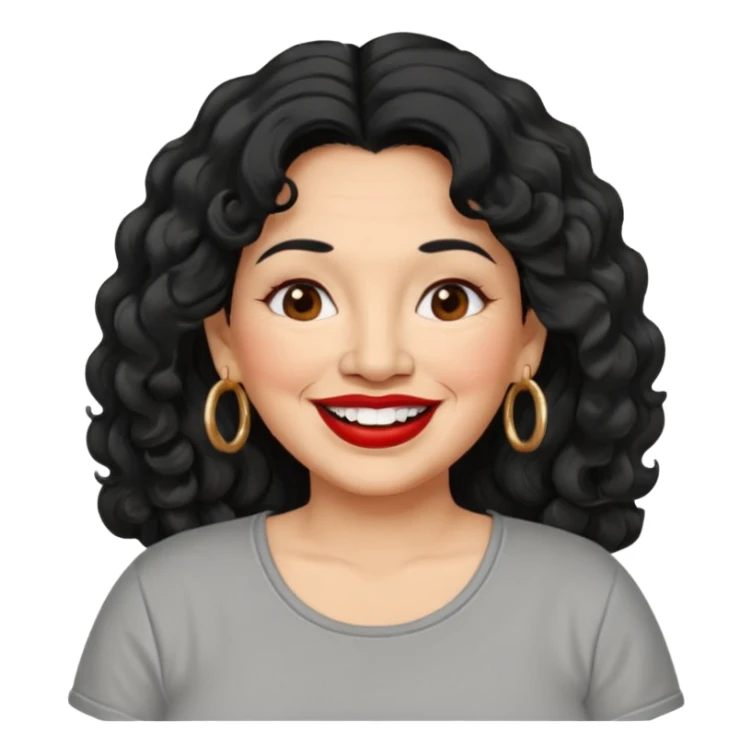 60 yr old Mexican woman, slightly chubby, wavy/curly long black hair, red lipstick, big smile, white teeth, brown eyes, hoop earings, side part to hair, round face, grey t shirt, hair side swept, big hoop earing sticker