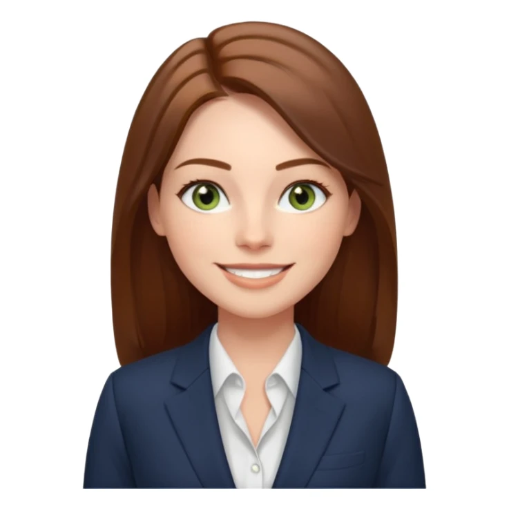 confident CEO named Freya McOmish, smiling, hazel green eyes, straight long hair with a middle part, subtle freckles, modern business style, broad shoulders sticker