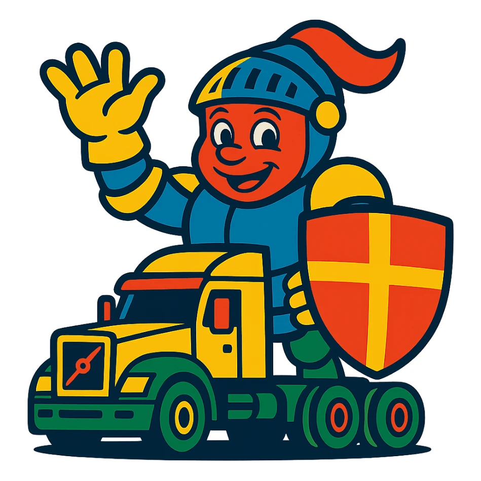 Add color to Casper's knight armor and accessories in vibrant toon style, keep Casper the same size as the white semi truck, transparent background. sticker