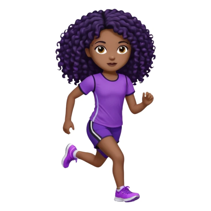 Uma boneca morena escura com olhos castanhos e cabelo cacheado longo preto até o peito, treinando correndo a roupa top até o meio da barriga roxo com detalhes preto e short roxo com detalhes preto sticker