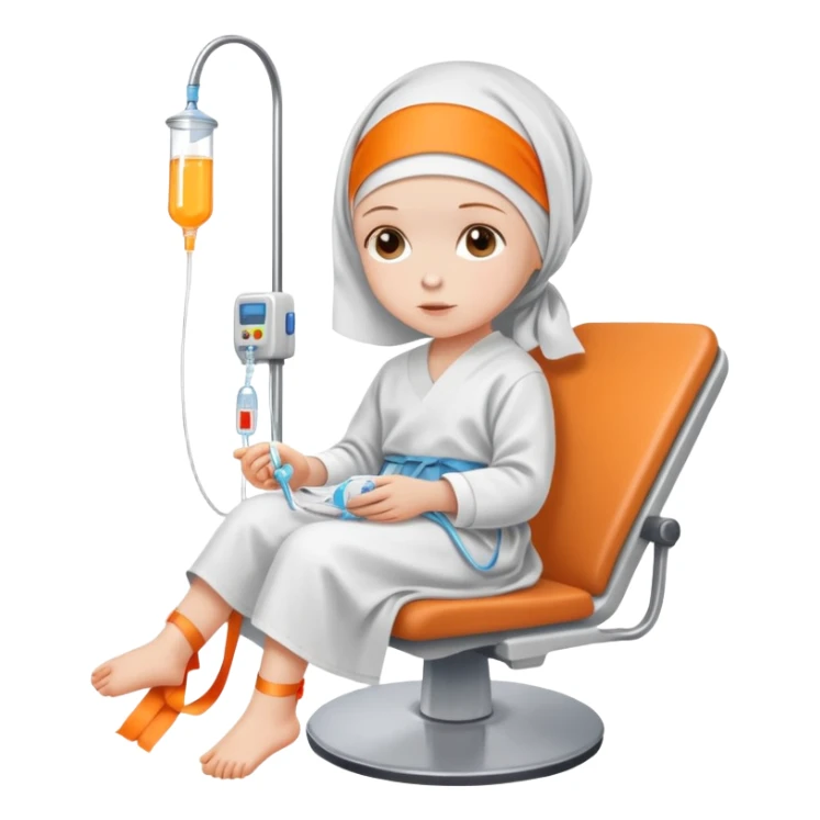 child leukemia patient with a headscarf sitting in a hospital chair with IV drip and orange ribbon symbol sticker
