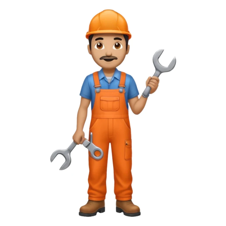 Indian male railway engineer orange overalls, boots holding a spanner sticker
