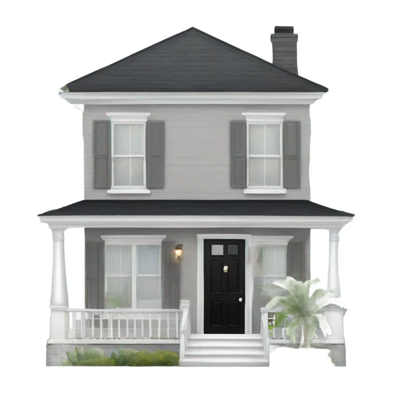 Grey 2 story house white trim black front door and palm trees sticker