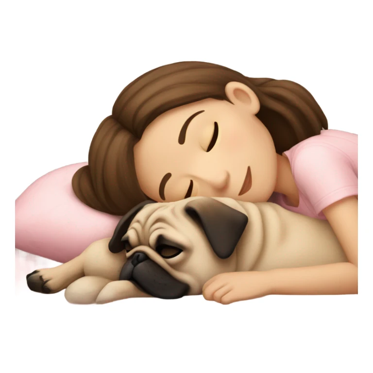 sleeping girl brown hair laying next to a pug sticker