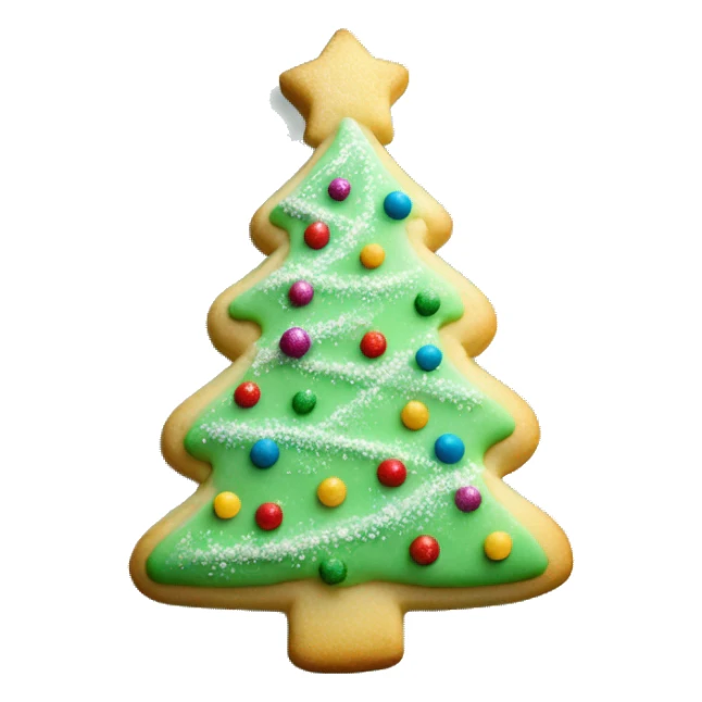 1 Layered sugar cookie shaped like a Christmas tree, dusted with powdered sugar and decorated with tiny ornaments sticker