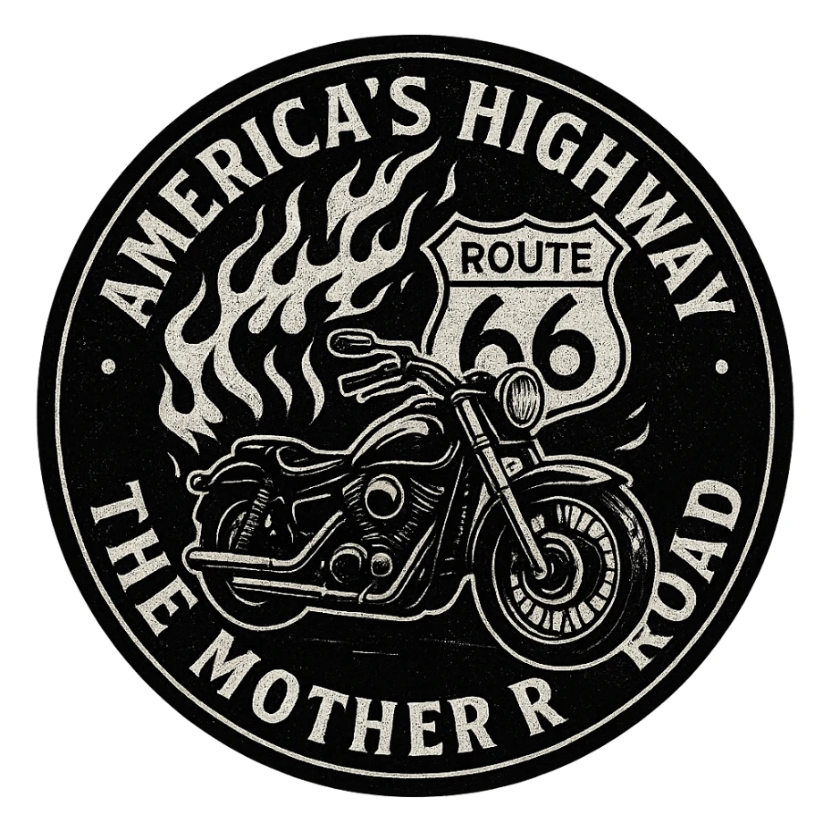 circular design for motorcycle cap, transparent background, text 'AMERICA'S HIGHWAY - ROUTE 66 - THE MOTHER ROAD', motif: flame, motorcycle, Route 66 sign, dark style sticker
