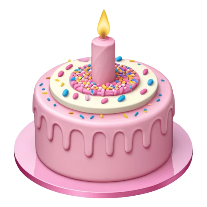 Draw a birthday cake with pink cream and topping on the top side using an isometric camera with a High-Angle Shot. sticker