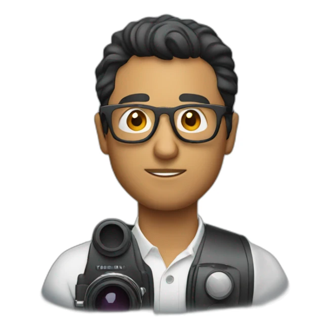 Latino film director with glasses holding a cinema camera sticker