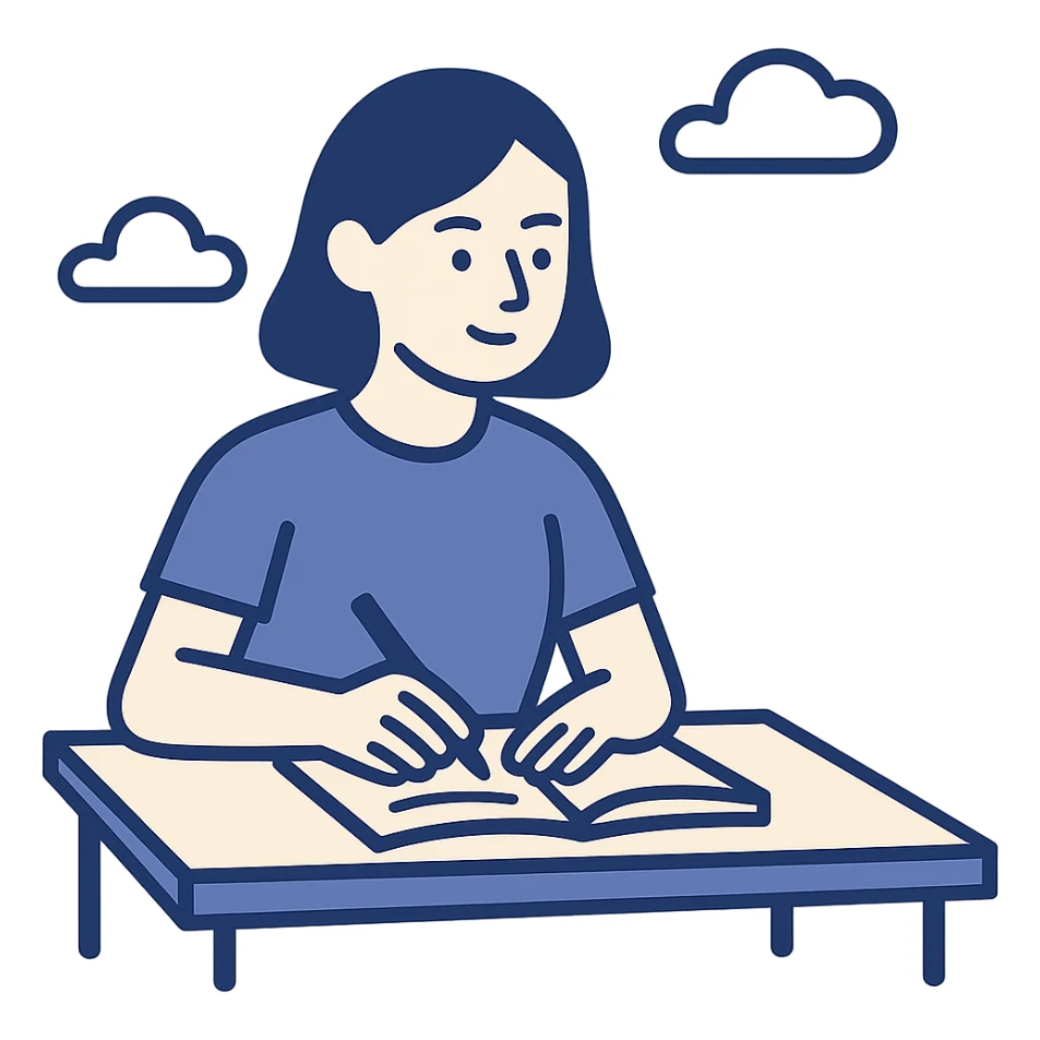 a student studying at a desk, simple flat color style sticker
