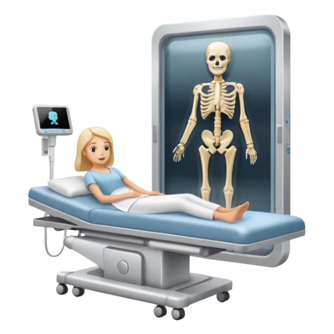 A radiology room showing an X-ray machine and sliding panel bed.
 sticker