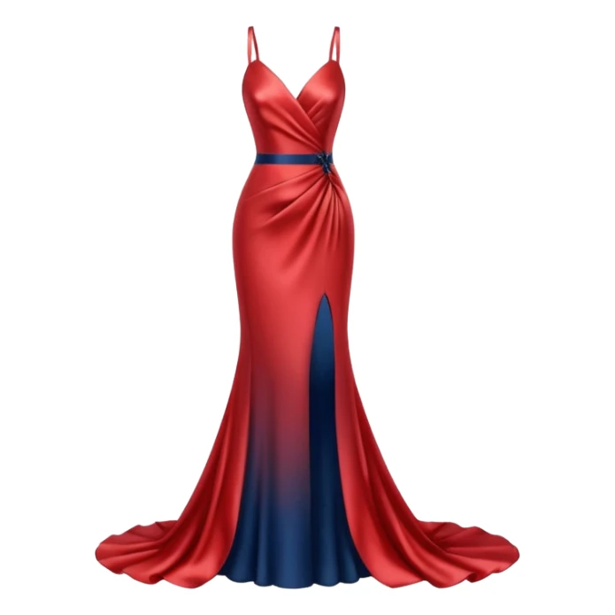realistic isolated long slim pastel red formal party satin dress with gradient shiny sparkling dark blue sticker