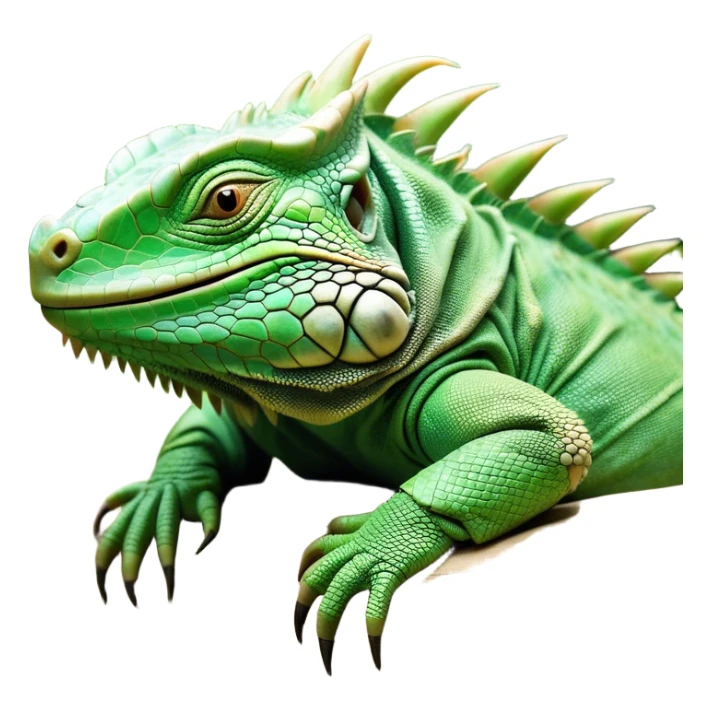 Meme-Worthy Cute Sleeping Iguana Portrait Emoji, Head resting peacefully with a contented smile, showcasing a solid, textured body with a subdued spiky crest and eyes gently closed in serene slumber, Simplified yet adorably endearing features, highly detailed, glowing with a soft, drowsy jungle light, high shine, relaxed and utterly lovable, stylized with an air of playful laziness, soft glowing outline, capturing the essence of a sleeping iguana that feels destined to become the next viral icon of adorable rest! sticker