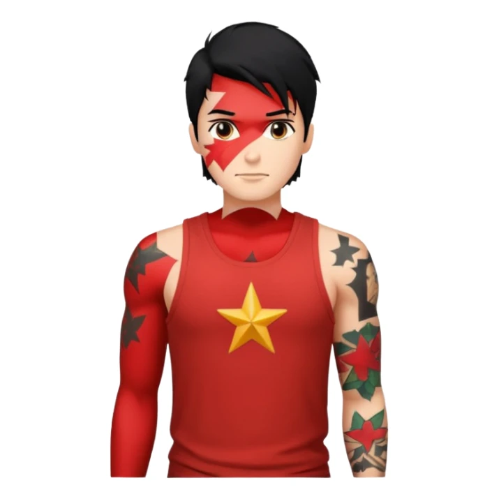 Guy with red tank top and starwhat with black hair sticker