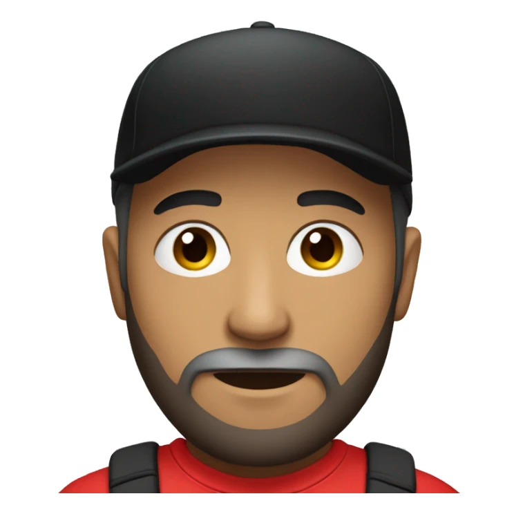 Man with beard, wearing black jogger, red shirt and black cap sticker