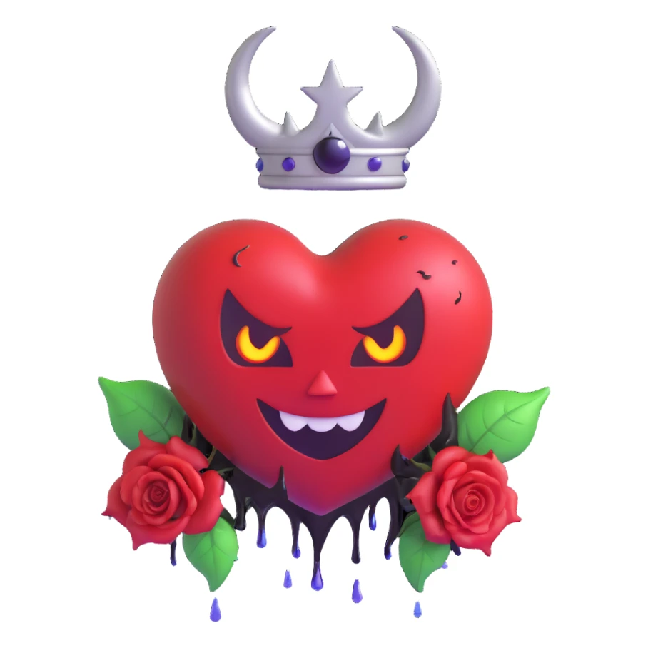3D emoji devil heart, deep purple glass, large devil horns, curled tail, black rose crown, silver crescent moon, electric lightning, glossy rain, shattered glass, blood pooling at base sticker