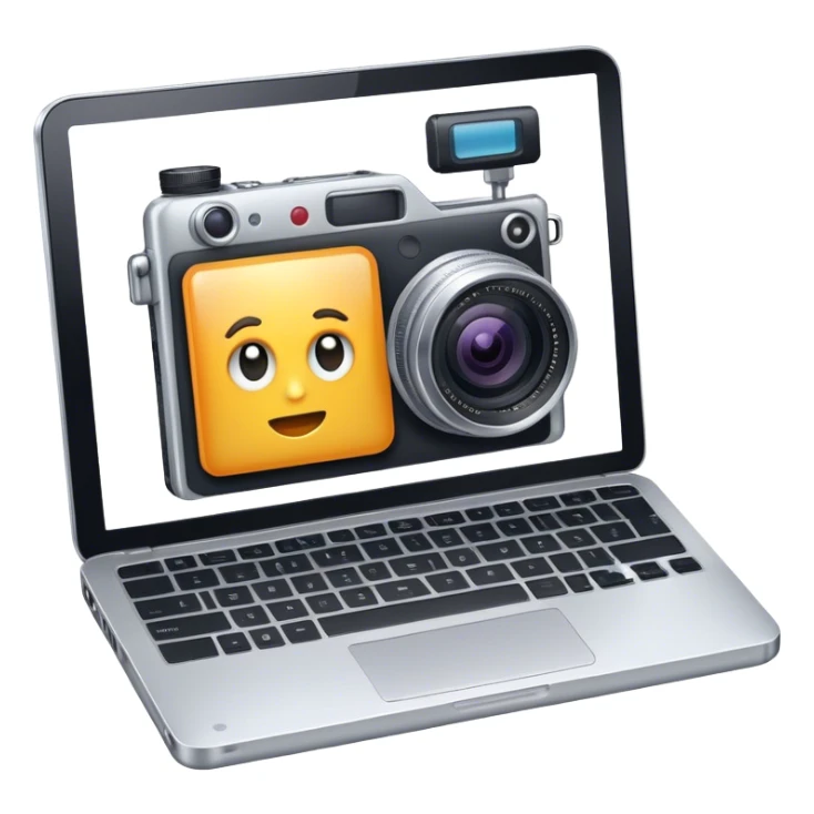 Create an emoji representing blogging. The design should feature an open laptop with a visible blog post on the screen, showing text. Add a photo or video camera to emphasize multimedia content. Do not include any emojis or smiley faces. Make the background transparent. sticker