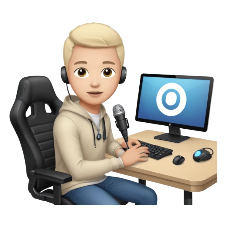 a setup of a youtuber, with a desktop pc on a table, a gaming chair, microphone, ring light sticker