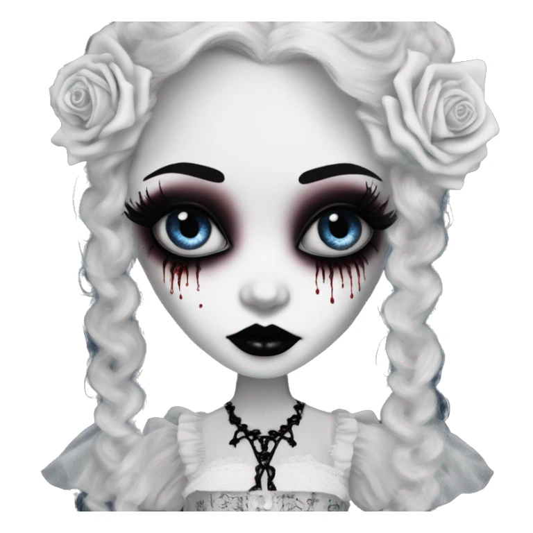 tim burton corpse bride, porcelain doll with a cracked face, goth makeup watery eyes, long hair, lace and ruffles, lolita style, inked, black and white, red roses sticker
