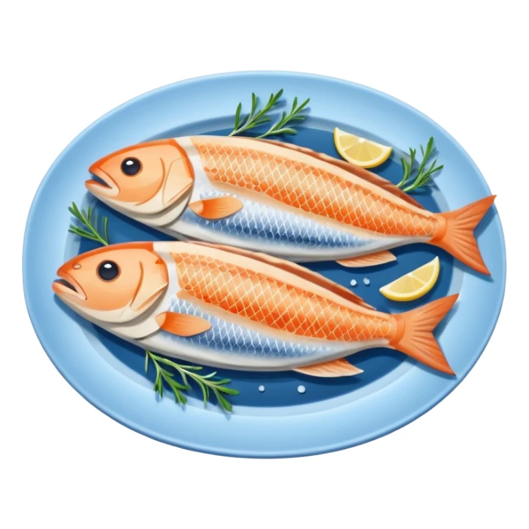 Fish dishes avatar in bright emoji-style illustration. Grilled fish, fillets, and seafood, blue and silver tones, simple shapes, flat design, fresh and flavorful. sticker