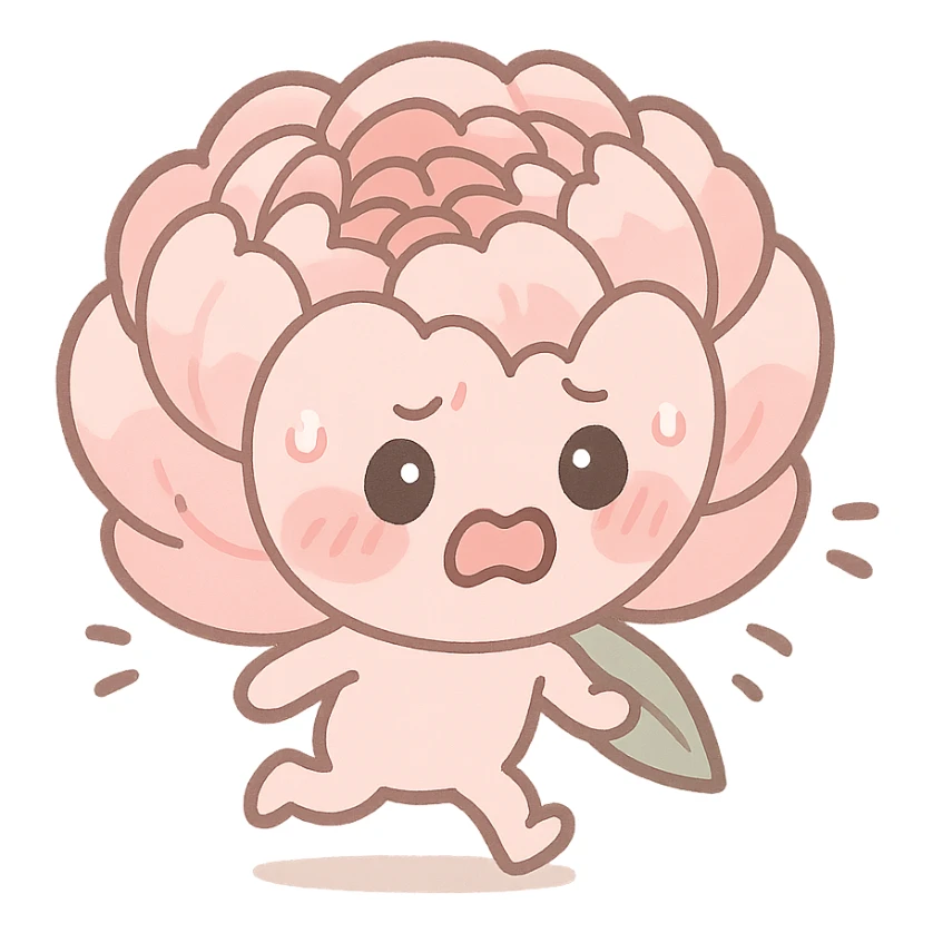 round chibi pastel pink peony flower with blushing cheeks and a panicked expression, rushing with tiny legs, full-body, pastel tones sticker