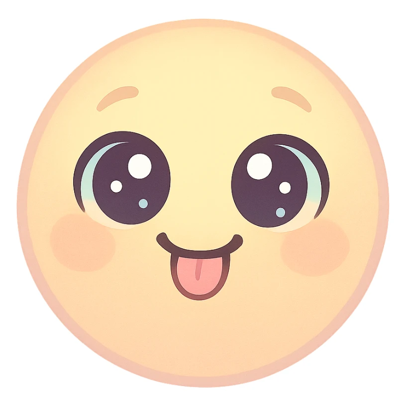 cute emoji, round face, big sparkling eyes, tiny tongue sticking out, playful, pastel colors sticker