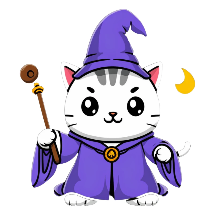 A cat wizard casting a spell with magical staff and flowing robes sticker