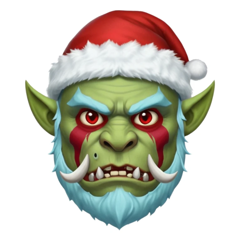 Fantasy orc portrait emoji, Santa Claus hat adapted for orc head with tusks, icy blue and deep red frost war paint on face, brutal winter warrior mood, strong facial features, minimal tribal design, clean high readability emoji style, male/female variant
 sticker