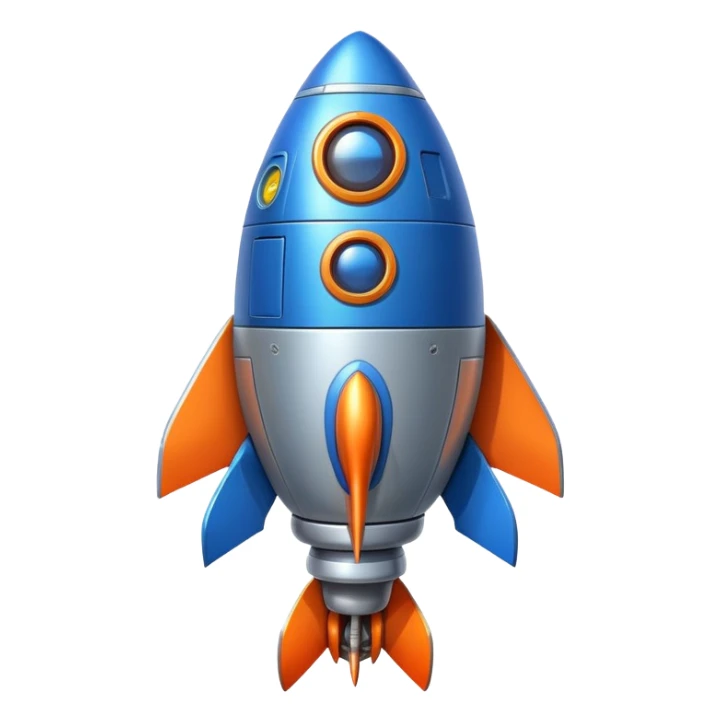 Spaceship with a large rounded belly in the middle, rocket boosters, personified with a happy face sticker