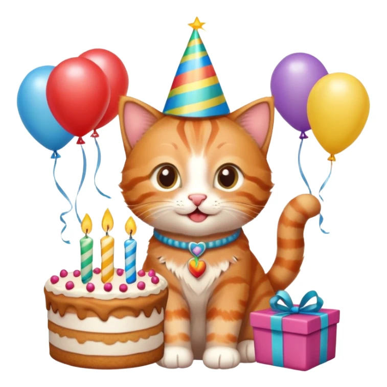 Ginger tabby kitten celebrates birthday, birthday hat, birthday cake, one candle, balloons, happy, gifts sticker
