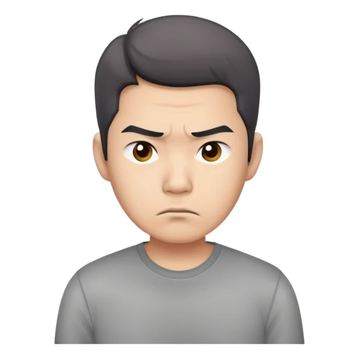 Asian man in a gray shirt with a frown sticker