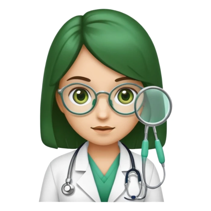 Crie um emoji de uma menina médica com olhos verdes e cabelo castanho comprido e óculos  sticker