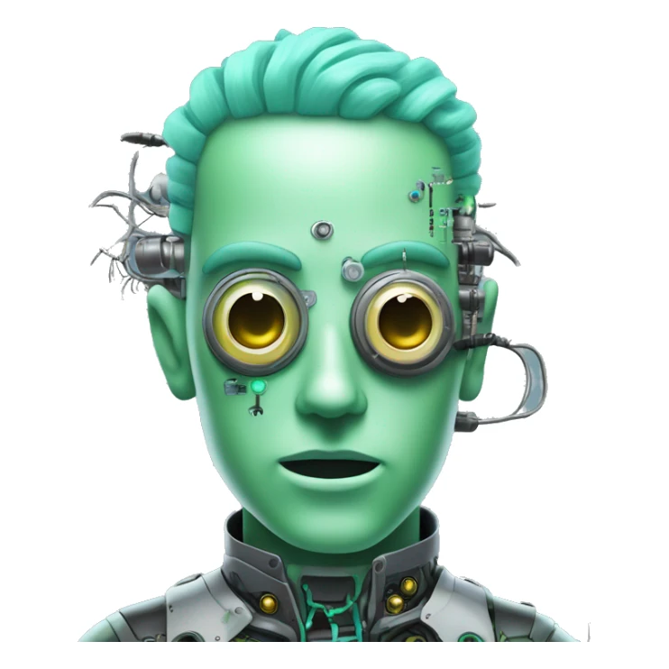Pastel green haired male cyborg head with monocle and circuitry sticker