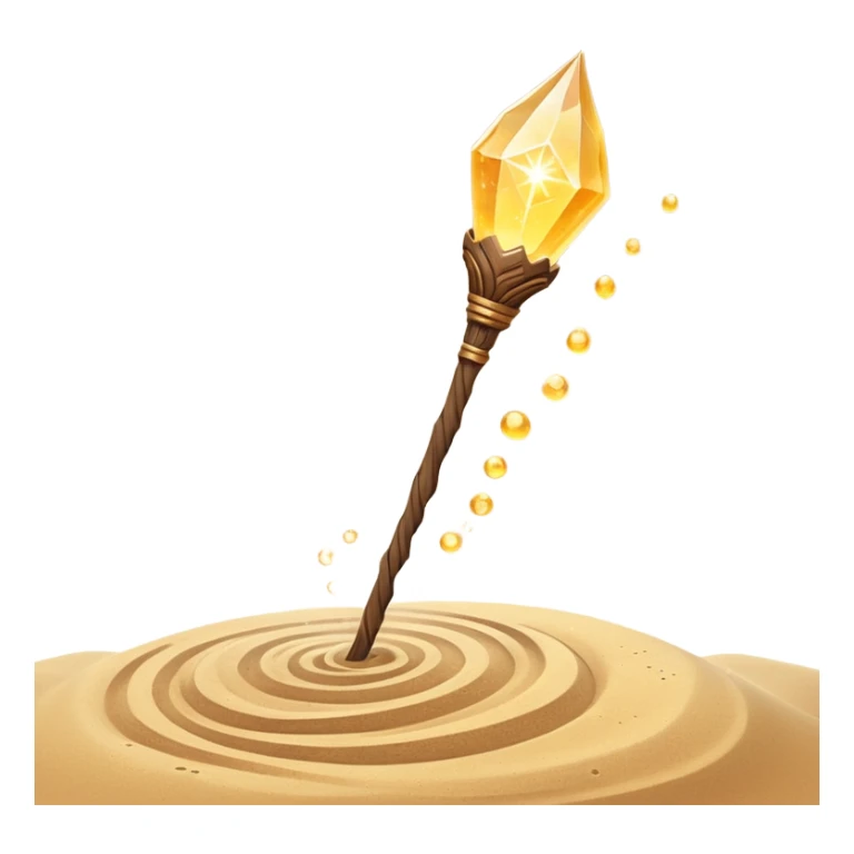 desert sand mage staff object icon, ancient wooden staff, swirling sand crystal on top, glowing golden aura, small floating sand particles, fantasy desert style, 3D cartoon, mobile game icon style, centered, clean background, soft shadow, no text, no watermark
 sticker