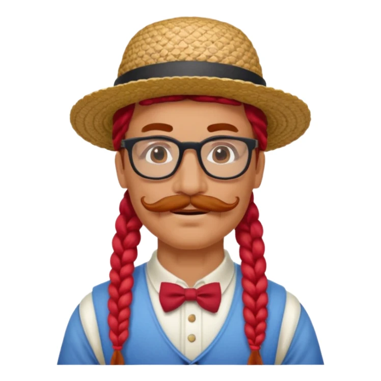 venice gondolier with long red braided hair, iconic hat, normal glassess and red mustache sticker