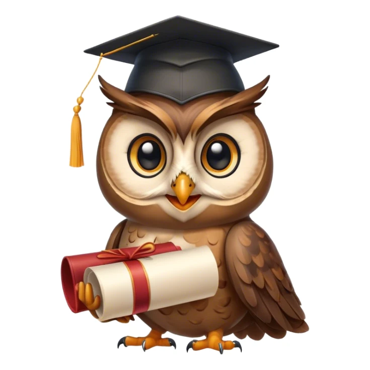 Owl smiling with graduation hat and diploma in claws sticker