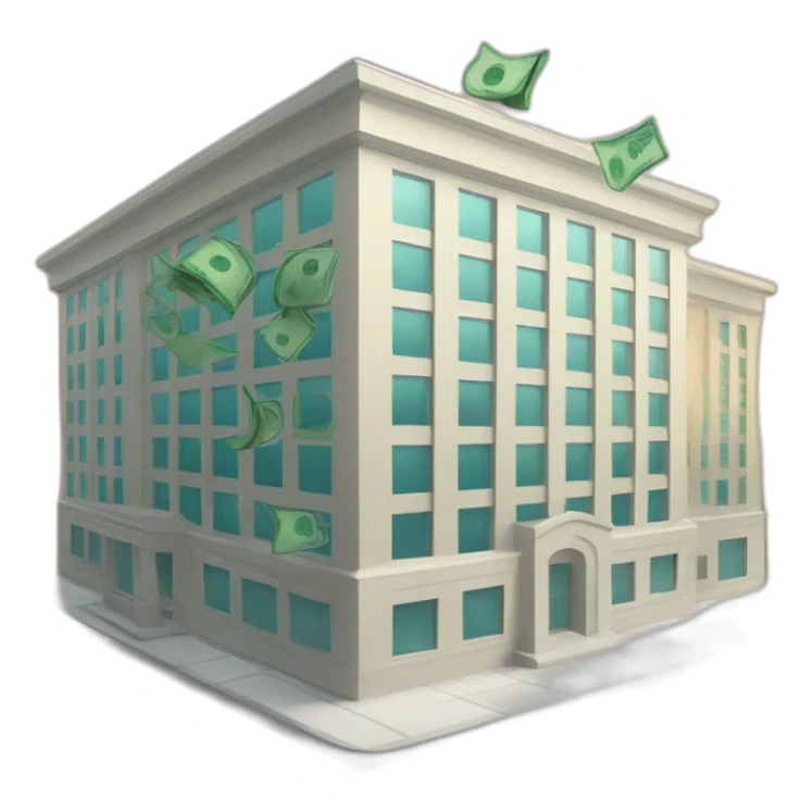 a business building with money flying around sticker