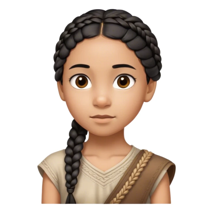 A thin 10-year-old mixed-race girl with almost black hair braided into a single plait draped over her shoulder and dark brown eye sticker