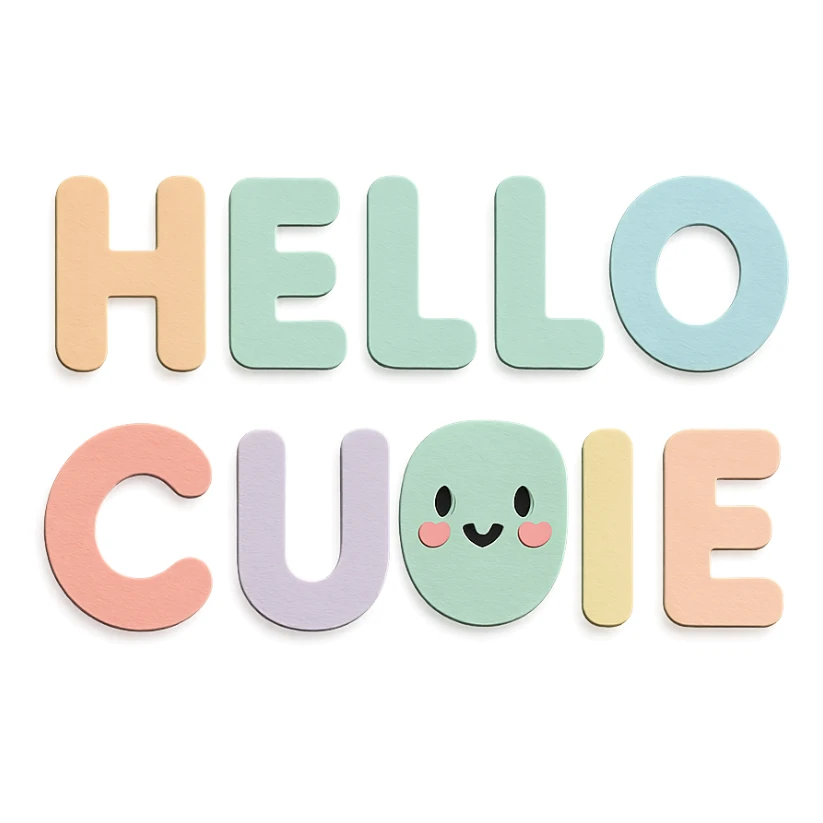 "Hello Cutie" in soft pastel rainbow rounded sans-serif font, kawaii, no outline, 3D paper-craft effect sticker
