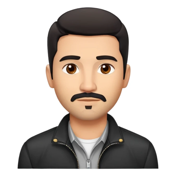 Slightly older attractive broad-shouldered Hispanic TV presenter, light brown complexion, square face with defined jawline, short black hair with clear fade haircut, light scruff facial hair, friendly expression, unbuttoned black jacket with white shirt sticker