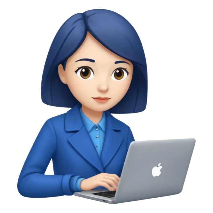 woman in blue coat, laptop sticker