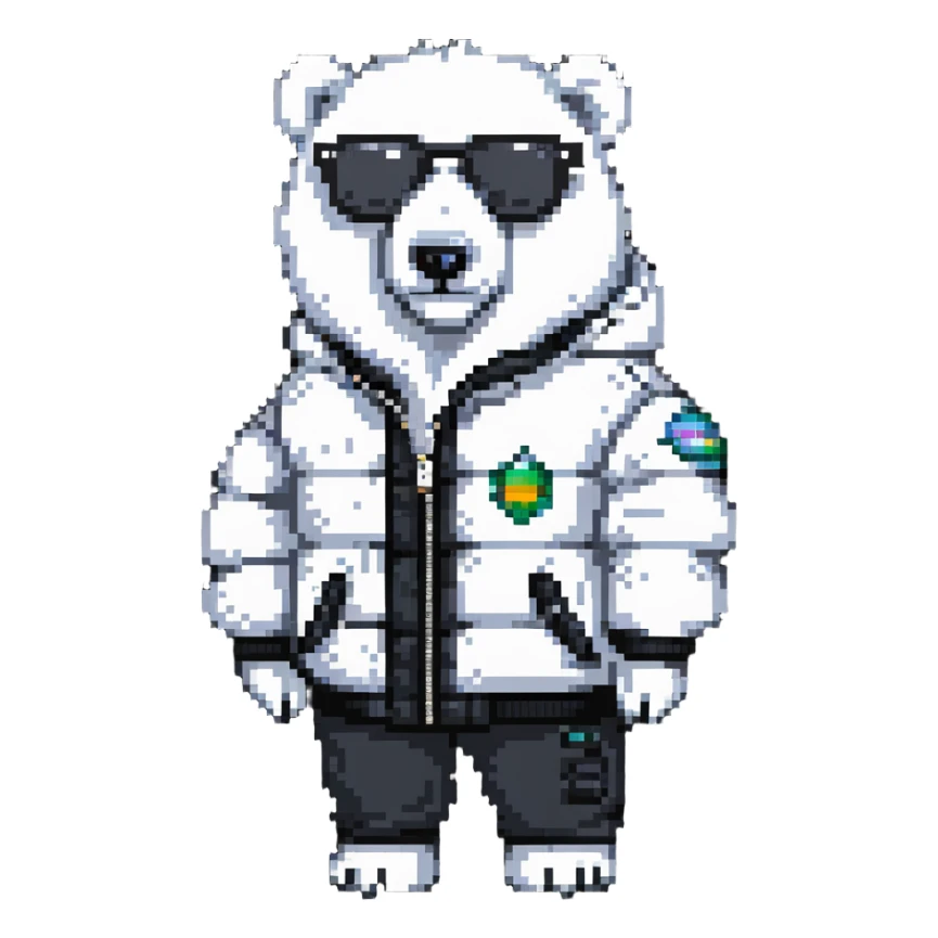 polar bear wearing a white puffer jacket and sunglasses  sticker