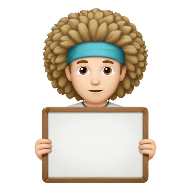 A big hair band guy holding a large blank sign sticker