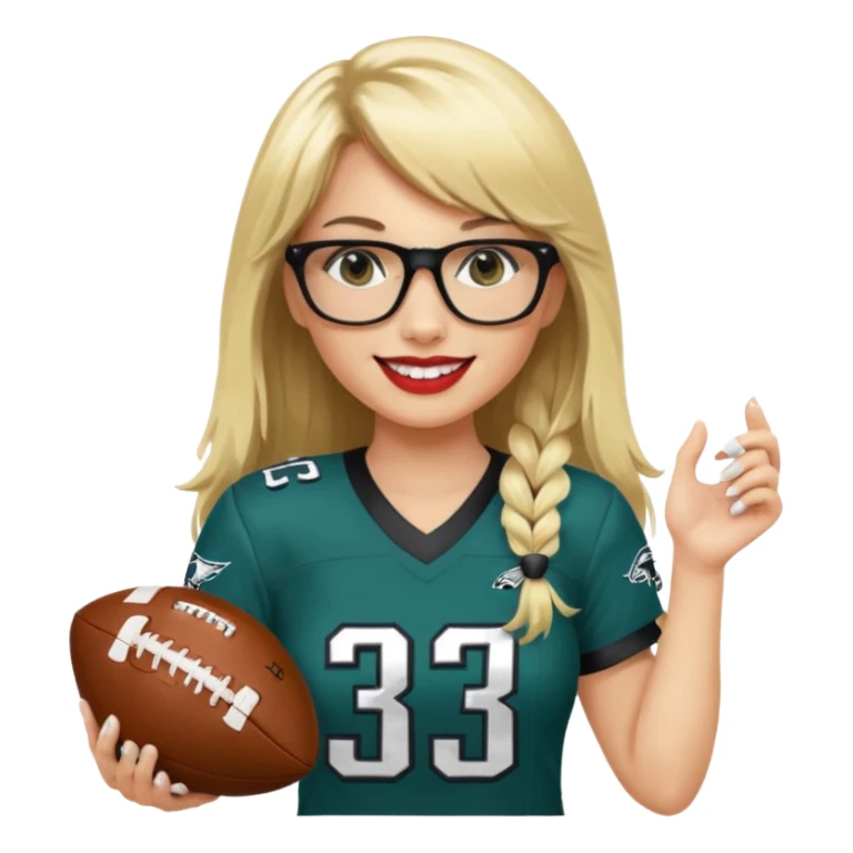 full length women wearing eagles uniform, long blonde hair, even bangs, black glasses, holding football, number 33, smiling, lipstick sticker