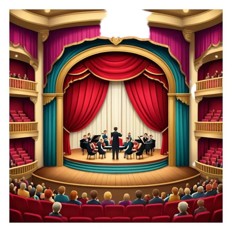 An icon depicting a theater stage with actors performing a play, illuminated by dramatic lighting. The audience watches from colorful balconies, while an orchestra plays in the pit, creating an immersive atmosphere. transparent background. sticker