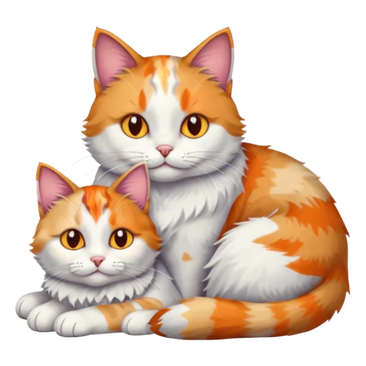 large grey and white cat cuddling a colourful light patched calico + white tabby cat sticker