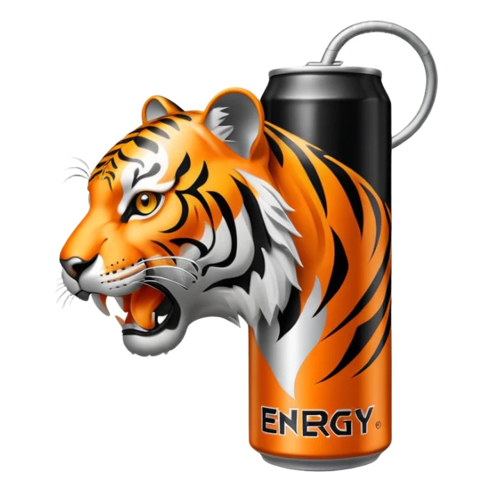 energy drink with with silver background color and a tiger on it also have sign and written as like energy drinks sticker