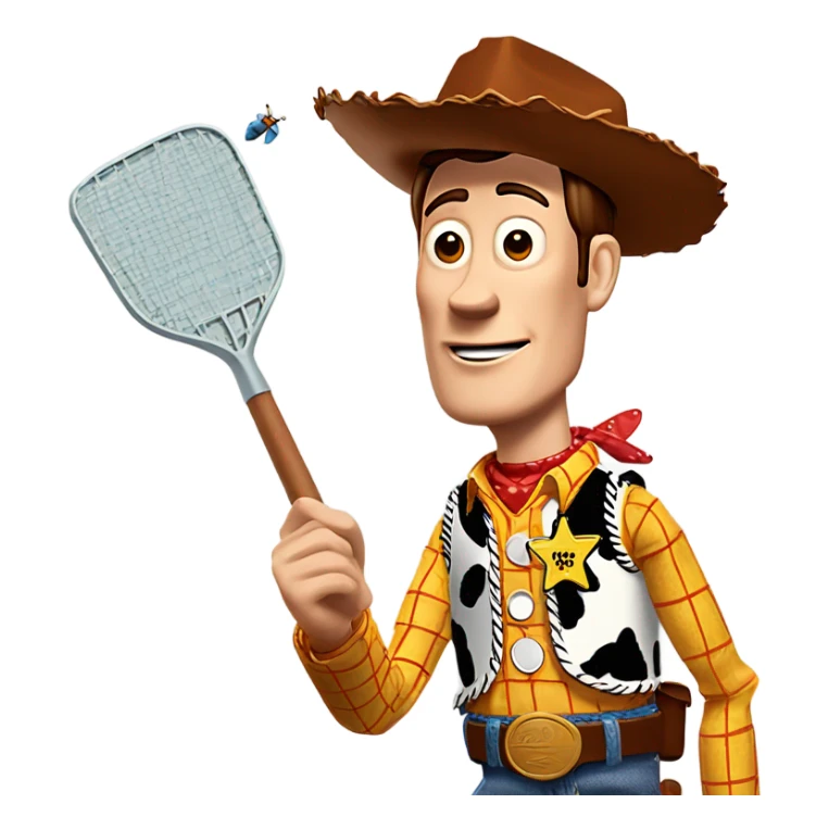 Woody from toy story with a fly swatter hitting a fly sticker