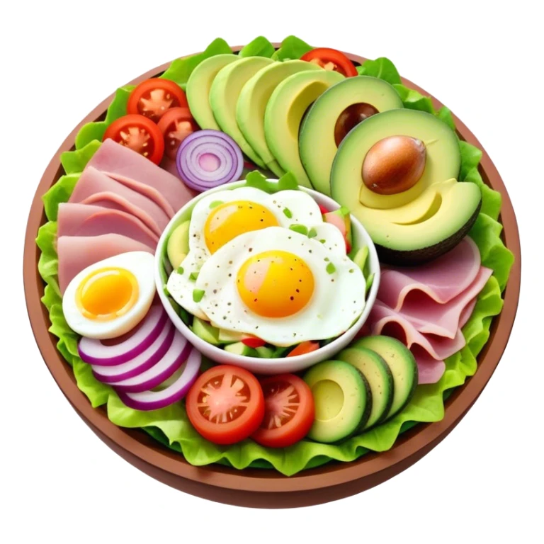 A chef salad with meat, cheese, egg, tomato, ham, avocado, cucumbers, purple, onions, and bell pepper sticker