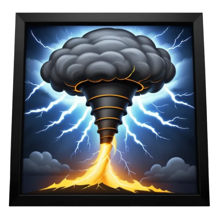 A Discord emoji of a dark, stylized tornado with lightning bolts inside a black circular frame. High contrast, aggressive lines, white background. sticker